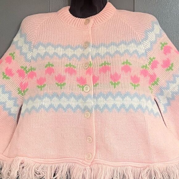 Vintage Blue Bird Girls Pink Heart Graphic Button Front Sweater Fringe BottomCap - Picture 3 of 5
